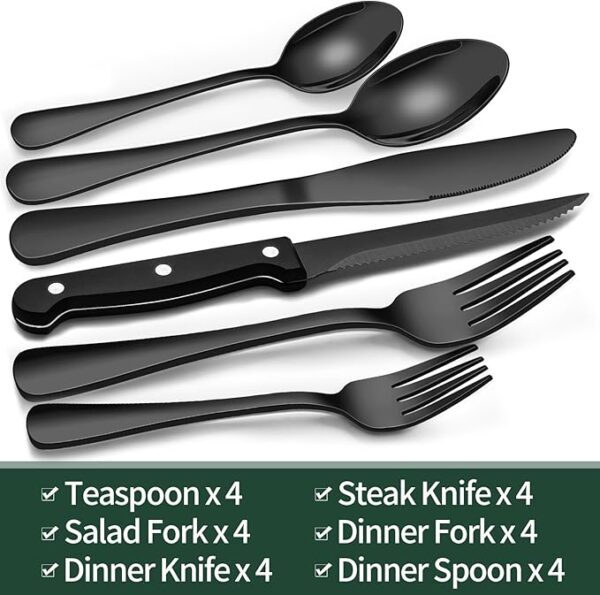 Black Silverware Set with Steak Knives - Image 2