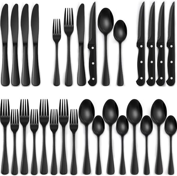 Black Silverware Set with Steak Knives